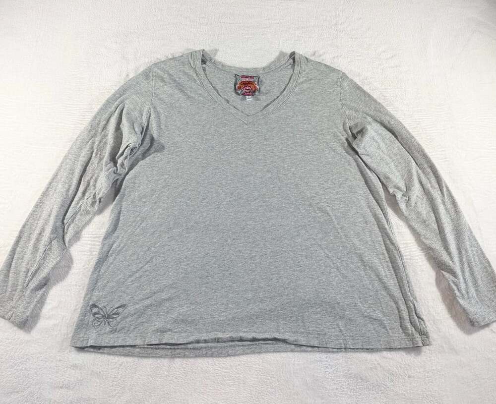 Johnny Was Long Sleeve V-Neck Layering T Shirt XL Gray Butterfly